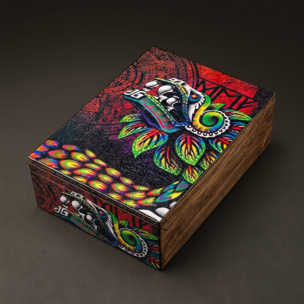 Caja de madera con serpiente emplumada pintada a mano